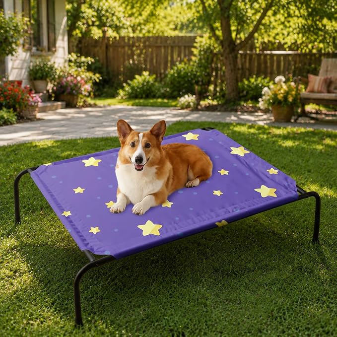 Deep Blue Gold Star Orthopedic Elevated Dog Pet Bed(47"X31"X9"),with Metal Frame,Printing Breathable Waterproof Dog Kennel,Sleeping Bed Set for Small Medium Large Dogs Cats,for Home,Outdoor Use