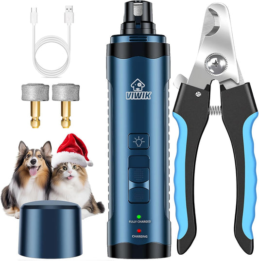 VIWIK Dog Nail Grinder, Dog Nail Trimmers with LED Lights, Pet Nail Clippers Kit for Large Medium Small Dogs & Cats, 2-Speed Quiet Electric USB Rechargeable Pet Paws Grooming Tool Blue