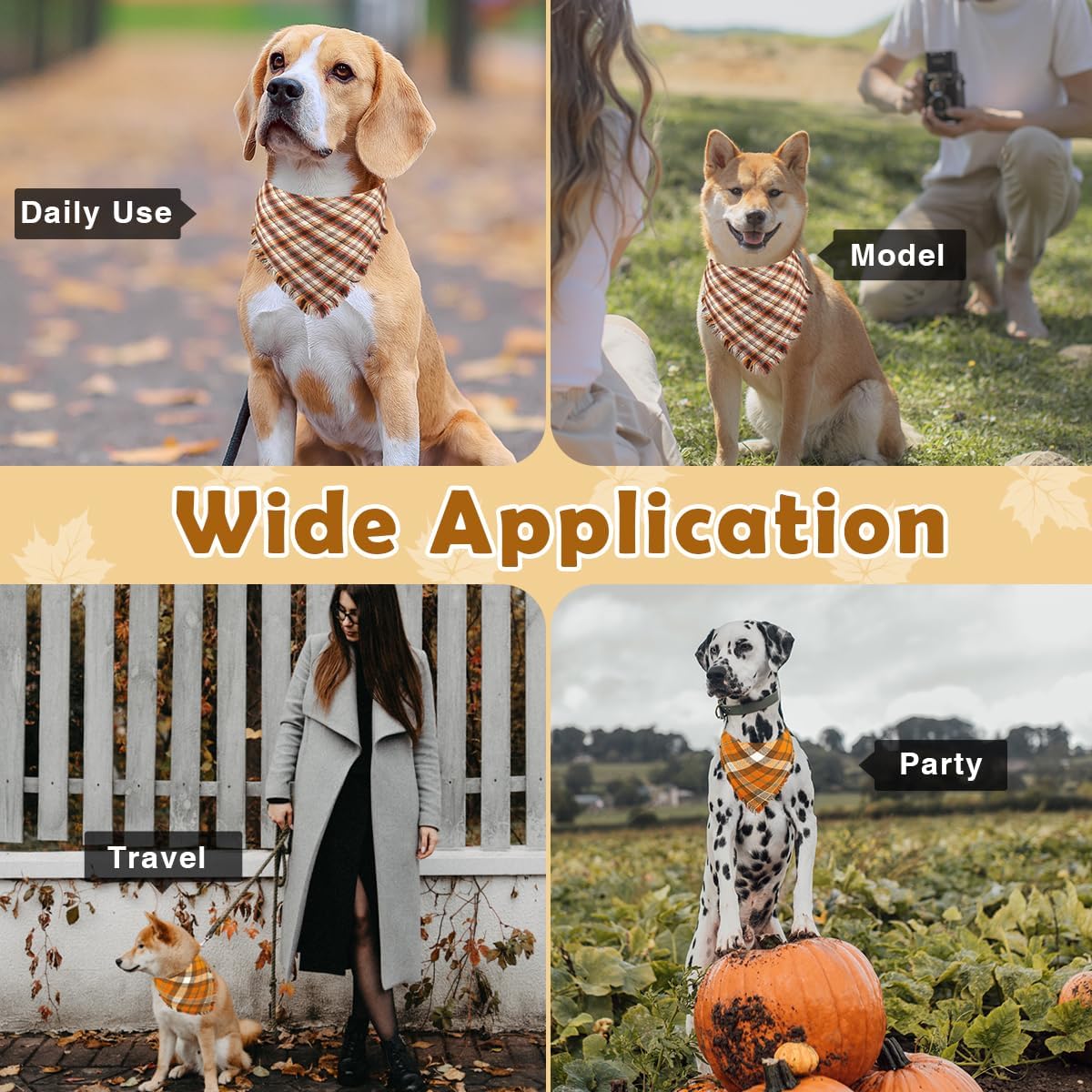 Kytely Thanksgiving Fall Dog Bandanas 2 Pack, Autumn Dog Bandana Large, Orange Plaid Pet Scarf for Boy and Girl, Holiday Halloween Reversible Triangle Bibs Accessories for Dogs Pets