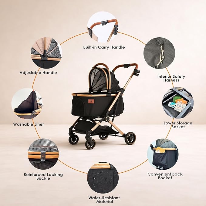 6-in-1 Foldable Dog Stroller for Small to Medium Dogs & Cats | Frame Supports up to 50 lbs, Luxury Black & Gold Pet Stroller with Detachable Carrier, Foldable Travel Stroller, 360° Wheels