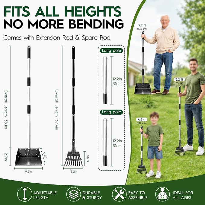 Long Handle Dog Pooper Scooper with Extension & Spare Poles, Stainless Steel Rustproof for Large Medium Dogs Yard Lawn | Ergonomic height adjustment, Four optional configurations, fits various grounds, easy to clean, free gloves & hook