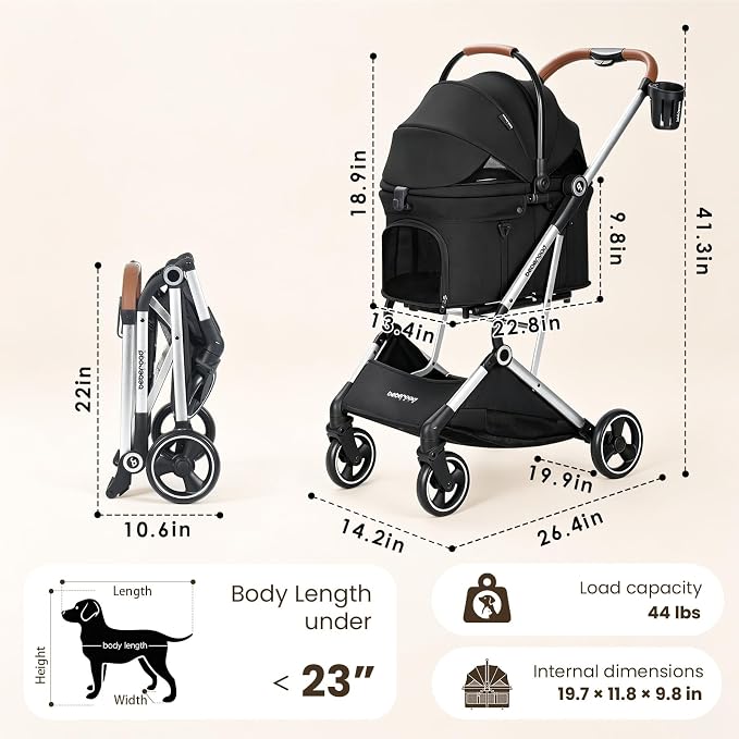 T3 Pro Small Dog Stroller (Black) | Detachable Carrier, Change Linner, Larger Rear Wheel, Aluminum Alloy Frame, Easy Assembly, Easy to Store