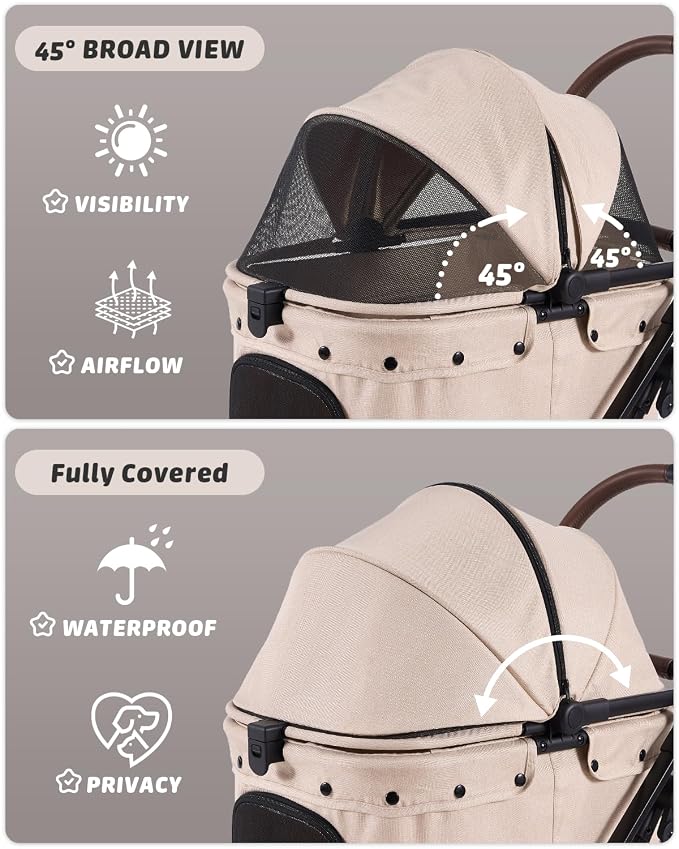 797Audio Dog Cat Stroller for Small Medium Pets,3-in-1 Foldable Pet Stroller with Detachable Carrier,Car Seat,One Click Folding,All-Terrain 4 Wheels,Adjustable Canopy with Sun Shades,Max 121lbs(Beige)