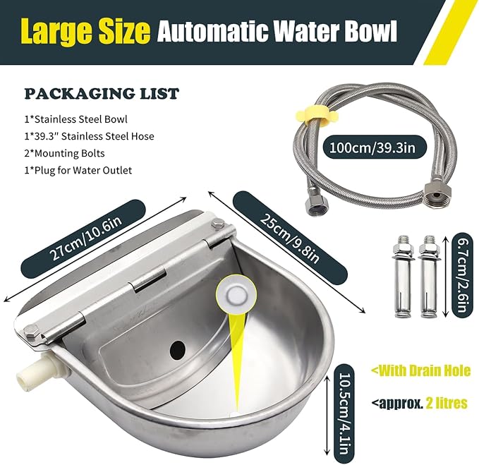 Automatic Water Bowl for Dog Large Size,Animal Drinking Water Bowl,Outdoor Dog Water Bowl,304 Stainless Steel Water Bowl with Float Valve, Drain Hole, Pipe,for Poultry and Livestock