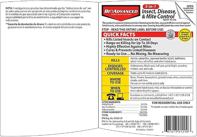 BioAdvanced 3-in-1 Insect, Disease, and Mite Control Spray - Insecticide, Fungicide & Miticide - Ready-to-Use - Prevents Pests and Diseases - Up to 30 Days Protection - 24 fl oz Bottle (Pack of 2)