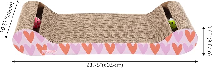 Rini 23.75" Modern Corrugated Cardboard Lounge Bed with Built-in Bell Toys and Catnip, Ergonomic Curved Sofa Scratcher for Indoor Cats, Pink/Red, (Set of 2) CSR1003D-SET2