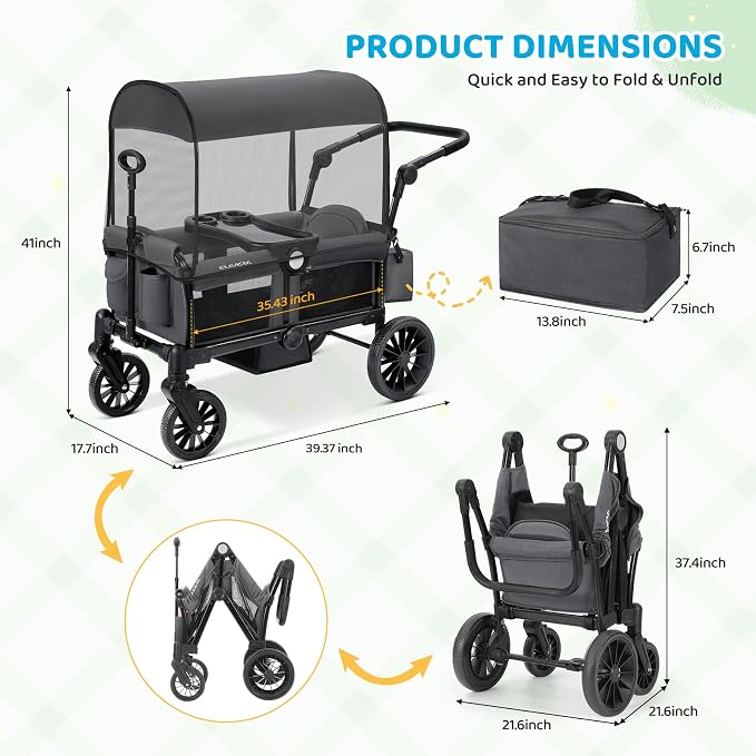 ELEMARA Foldable Wagon Stroller, Stroller Wagon for 2 Kids, Premium All Terrain Wagon for Kids with Removable Canopy, Adjustable Push/Pull Handle, Harnesses, Large Storage Bag, Grey