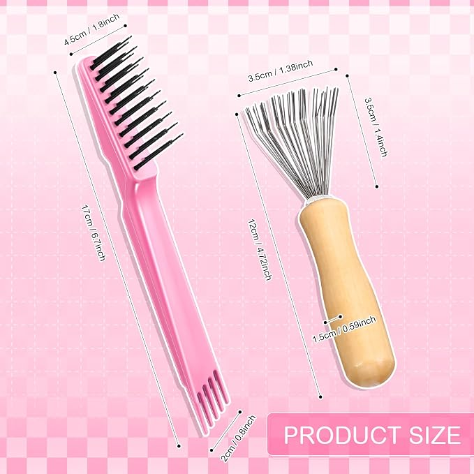 Boao 2 Pack Hair Brush Cleaning Tool,2-in-1 Comb Rake and Brush Cleaner for Removing Hair,Dust and Buildup,Mini Hairbrush Accessory for Home&salon(Pink, Wood Color,Polished Wooden Handle Rake)