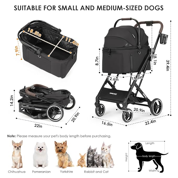 X2 Pet Stroller, Dog Cat Stroller for Small Pets with Detachable Carrier, Lightweight Foldable Cat Carrier Dog Car Seat for Puppy Doggy up to 44lbs, Canopy and Waterproof Pad, Black