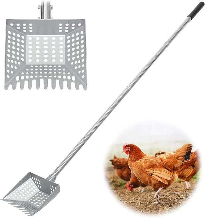 Chicken Poop Scooper Spring Steel Shovel 32-60in Adjustable Handle | Sifting Shovel for Chicken Coop Adjustable Stainless Steel Tube Cleaning Tool for Coop with Rubber Handle