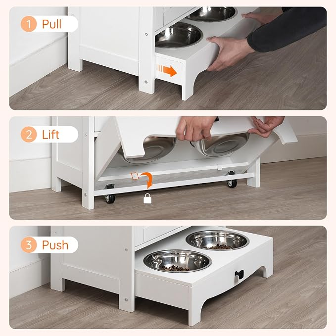 HOOBRO Dog Feeding Station with Storage and Hooks, Dog Food Storage Cabinet with Feeding Bowls, Pet Feeding Station with Sliding Drawer and 2 Hidden Bowls for Dog & Cat, White WT12PO03G1