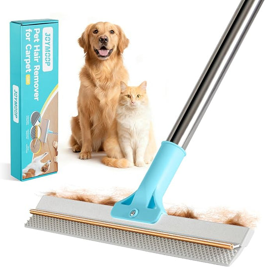 JOYMOOP Carpet Rake for Pet Hair Removal, 63" Adjustable Long Handle Pet Hair Remover, Reusable Cat Dog Hair Carpet Rake with Metal and Silicone Scraper for Rug, Sofa, Cloth