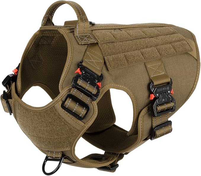 ICEFANG Tactical Dog Harness for X-Large Dogs,Full Metal Buckles Dog Vest | with MOLLE, Reflective,Adjustable,2 Leash Clips,Control Handle,No Pull,Soft Padded,Brown,X-Large