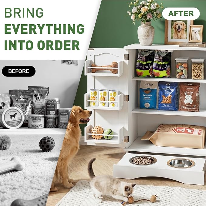 Hometis 23.5"(w) Dog Feeding Station with Storage, Dual Door Hung Storage, Hidden Feeding Bowls,(Off White)