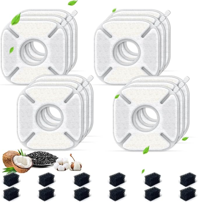 24 Packs Cat Water Fountain Filters Replacement,Compatible with VEKEN® for 67 oz/2L, 85 oz/2.5L, 95 oz/2.5L, 135 oz/4L Automatic Pet Fountain (12 Replacement Filters +12 Pre-Filter Sponges)