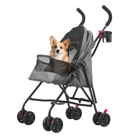 Pet Stroller Oxford Cloth Foldable Dog Strollers for Small Dogs and Cats Suitable for All Road Surfaces Wide-View Panoramic Window 4 Wheels with Brakes Portable Design, Easy to Store (Grey)