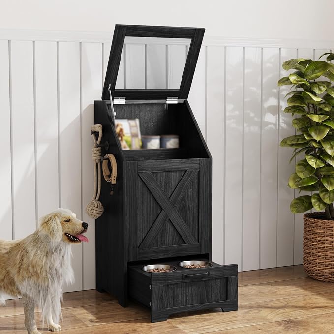 Dog Feeding Station with 2 Elevated Bowls, Dog Food Storage Cabinet with Pet Toy Organizer and Flip Top Pet Feeding Station,Hidden Pet Feeder Station