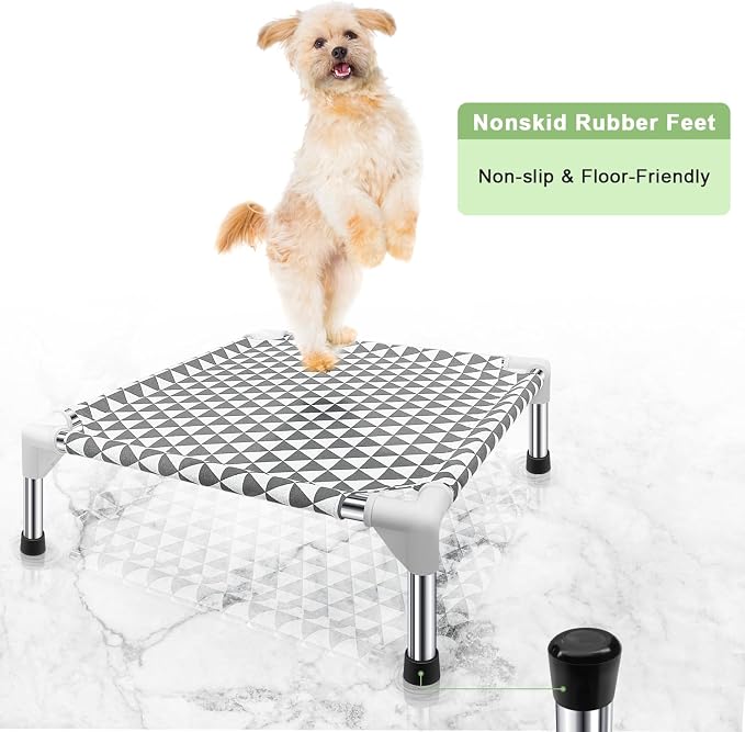Kuntrust Elevated Outdoor Dog Bed for Small Pets，Fits up to 50lbs | Breathable Fabric, Dual-Layer Cotton, Stainless Steel Frame, Anti-Slip Feet