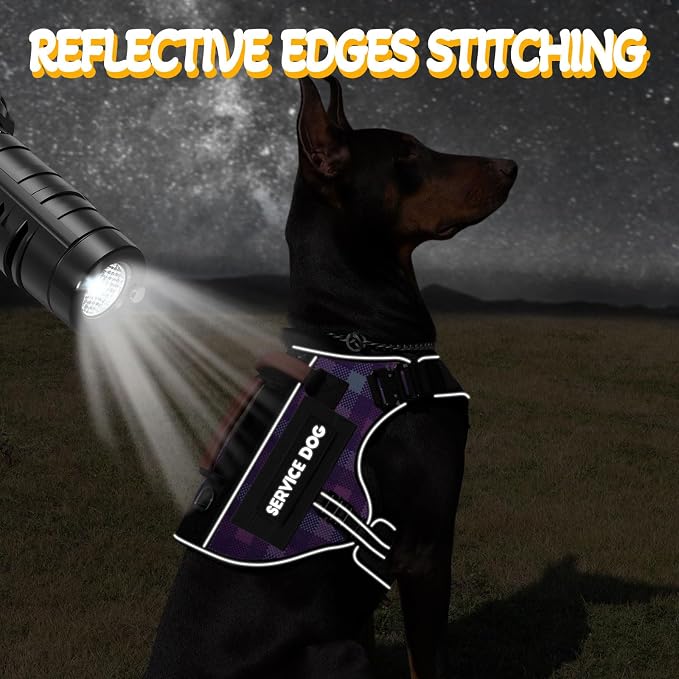 Tactical Dog Harness - HEYCAHVA Service Dog Vest Full Metal Buckles Dog Vest for Medium Large Dog Reflective No Pull Dog Harnesses Vest with Leather Handle, Hook & Loop for Hiking Training (Purple, L)