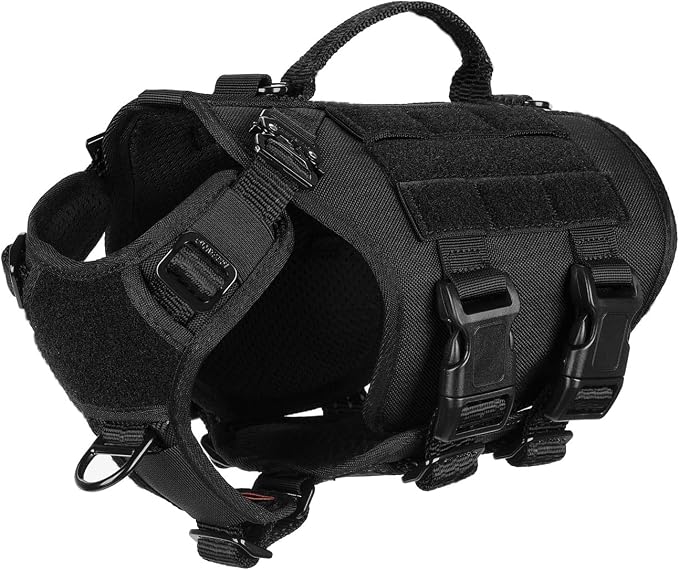 ICEFANG No Pull Tactical Dog Harness for X-Small Dogs,Adjustable Dog Vest | Control Handle,MOLLE Panel,Front Hook,3 Leash Clips,Soft Padded,for walking training,Black,X-Small