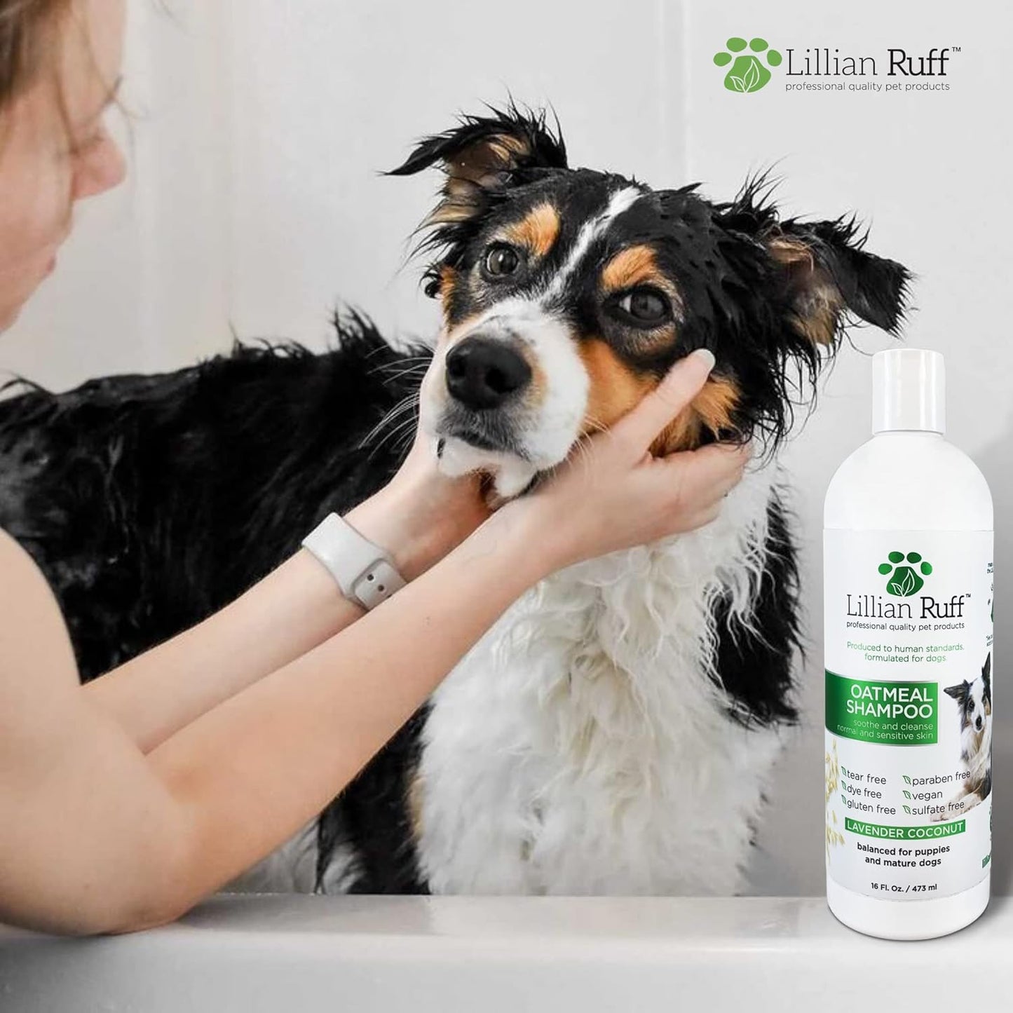 Lillian Ruff Calming Oatmeal Pet Shampoo for Dry Skin & Itch Relief with Aloe & Hydrating Essential Oils - Replenish Moisture & Deodorize - Tearless Dog Shampoo for Normal/Sensitive Skin (16oz)