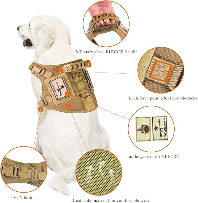 Tactical Dog Harness, No-Pull K9 Working Dog Vest with Rubber Handle, Military Service Dog Harness with MOLLE System & V-Ring for Large Medium Dogs, Khaki, M