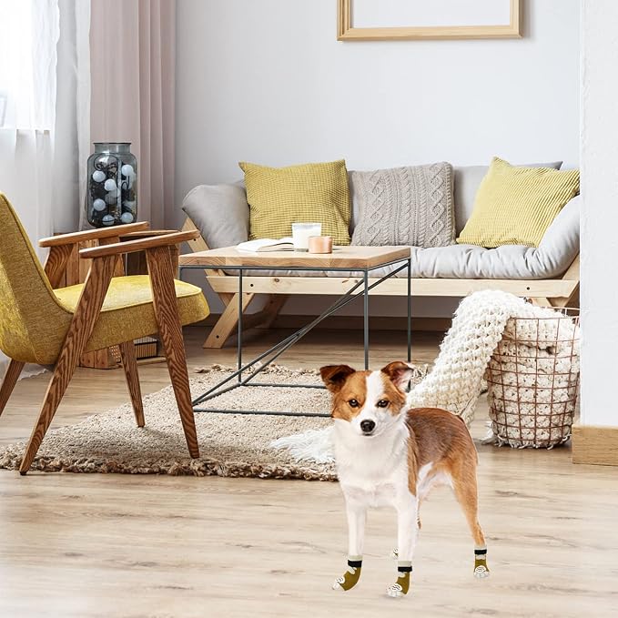 PUPTECK Anti-Slip Dog Socks with Double Sides Grips for Small Medium Large Dogs Hardwood Floors Prevents Licking, Dog Shoes for Hot Pavement Traction Control Paw Protector for Senior Dogs, Brown S
