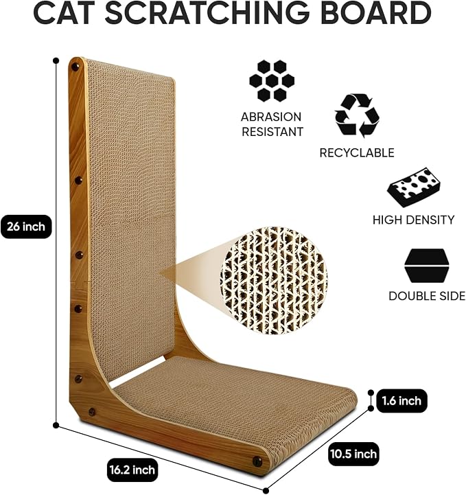 Cat Scratcher, 26 inch L Shape Cat Scratching Pad for Indoor Cats, Durable Sustainable Cardboard Scratcher, Recyclable Vertical Cat Scratch Pad to Protect Furniture, Large