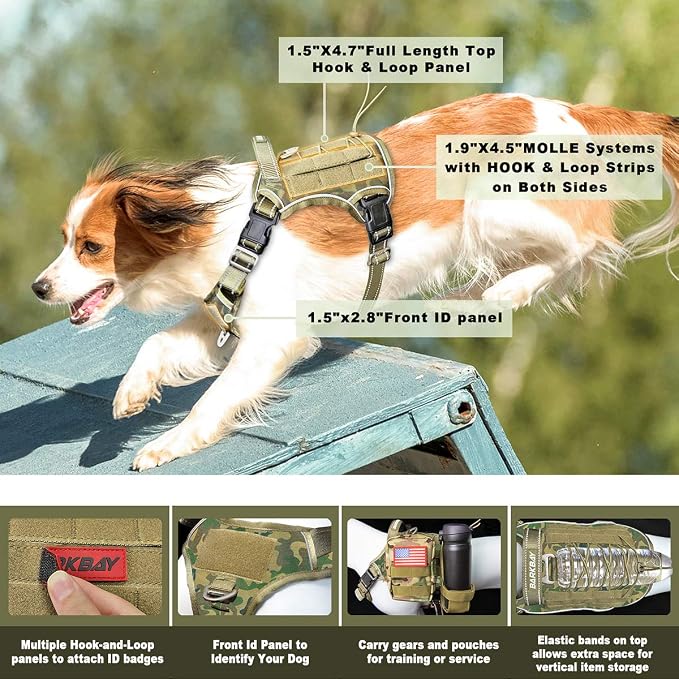Tactical Dog Harness Large,Military Service Weighted Dog Vest Harness Working Dog MOLLE Vest with Loop Panels,No-Pull Training Harness with Leash Clips for Walking Hiking Hunting(Camo,M)