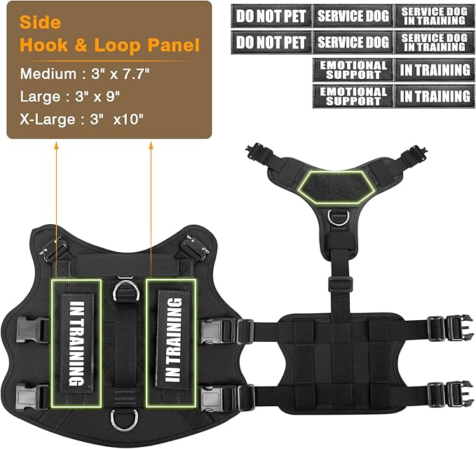 Tactical Dog Harness with Dog Leash, Service Working MOLLE Vest with 10 Pet Patches for Large Dog, No Pull Military Harness and Backpack for Training Hunting Walking
