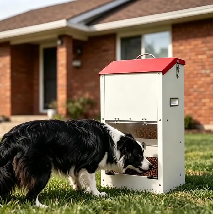 25lbs Automatic Dog Feeder Large Breed Gravity Dog Food Dispenser | Internal Door Lock‑in Design, Heavy Duty Galvanized Dog Feeder, for Multiple Dog Breeds Pets Indoor Outdoor