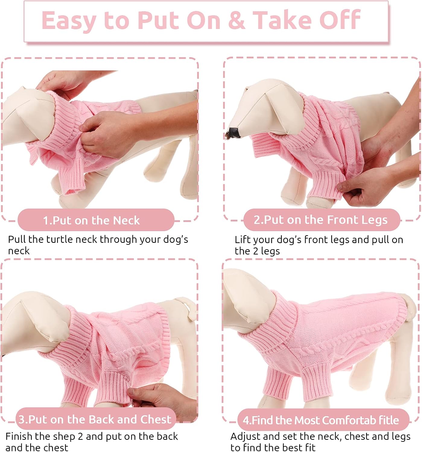 Queenmore Small Dog Pullover Sweater, Cold Weather Cable Knitwear, Classic Turtleneck Thick Warm Clothes for Chihuahua, Bulldog, Dachshund, Pug, Yorkie (Pink, Large)