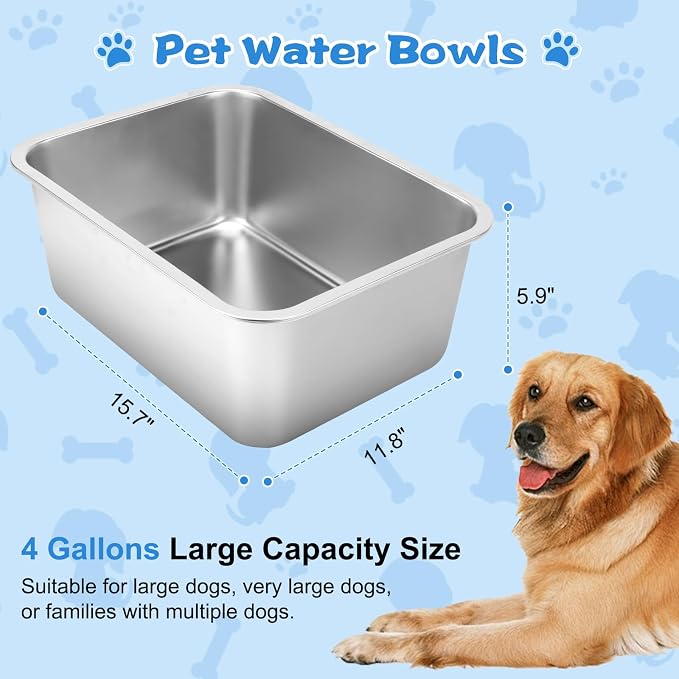 YUEPET Large Stainless Steel Dog Water Bowl, 4 Gallon Bowl for L Dogs | Outdoor Dog Water Bowl, 4 Gallon Capacity, Food and Water Use, Rounded Corners, Raised Edge, Easy to Clean, XL Dogs