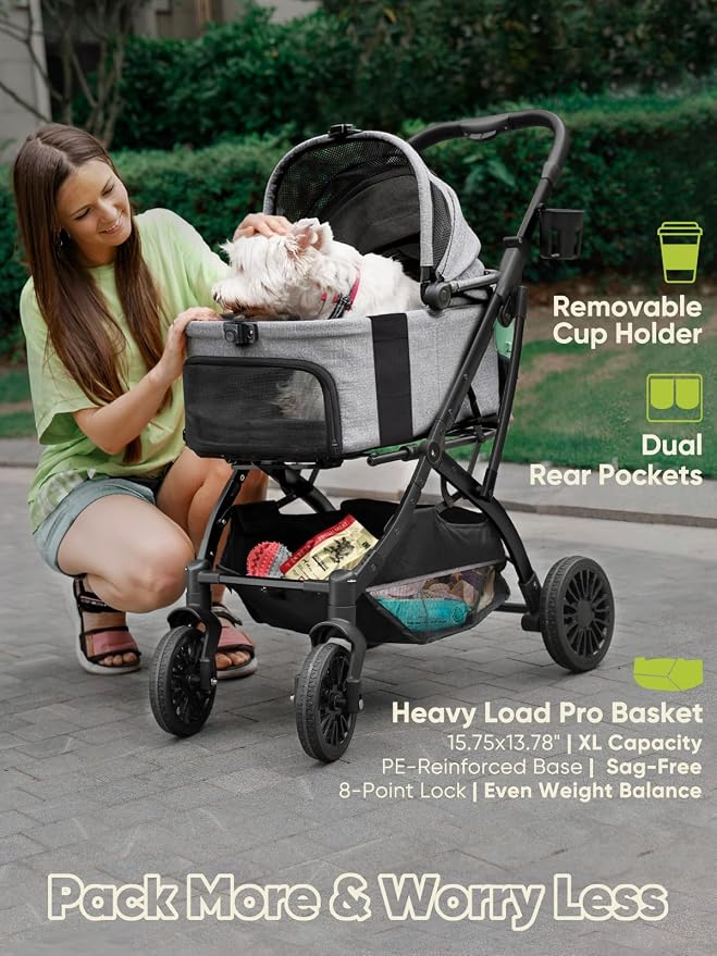 Small Dog Stroller, Pet Stroller for Small Dogs, 5-in-1 Dog Strollers - Fold All in One Without Detaching Carrier, Pet Strollers with Removable Waterproof Carrier for Dogs Cats 10 lbs 20 lbs - Grey
