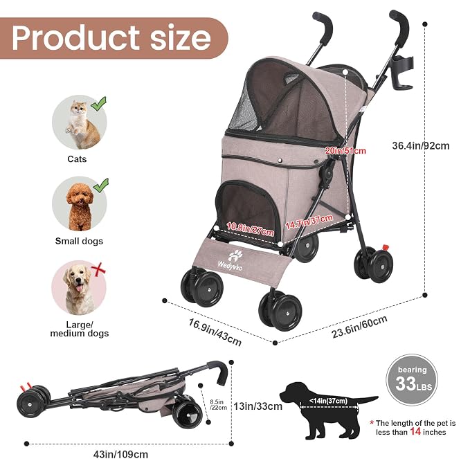 3 in 1 Pet Stroller for Small Dogs and Cats, Foldable Pet Stroller with Cats and Dogs Jogger Travel Strollers, 4 Wheels, Breathable Mesh, Large Capacity, Easy to Carry (Coffee B)