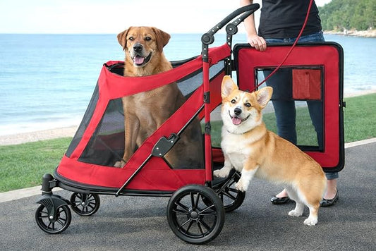 Pet Gear NO-Zip Pet Stroller with Dual Entry, Push Button Zipperless Entry for Single or Multiple Dogs/Cats, Pet Can Easily Walk in/Out, Gel-Filled Tires, Candy Apple