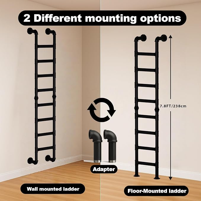 8-Rung Wall Mounted Ladder, Heavy-Duty Metal 8FT Egress Window & Loft Ladder for Basement, Attic Bunk Bed, Fire Escape - 355LBS Load, Matte Black