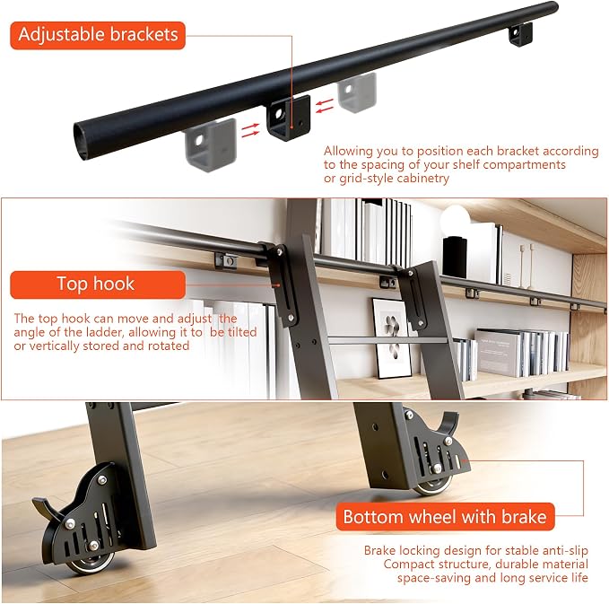 DIYHD 120" Rolling Library Ladder with Handrail, 4FT Sliding Rail, Black | 10-Step lightweight ladder with space-saving upright storage, Telescopic top hooks, Locking bottom rollers, 300lbs capacity