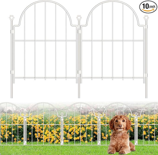 10 Pack Decorative Garden Fence, 17in x10ft Garden Fencing Animal Barrier for Dogs, Rustproof Metal Fence Panels with Ground Stake, Arched Flower Bed Edging Borders for Yard & Patio, White