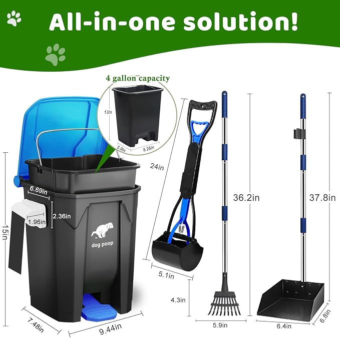 Dog Poop Trash Can Outside - 20L/5Gal Dog Poop Scooper Set, Blue | Outdoor Trash Can with Lid and Removable Inner Bin,Dog Waste Trash Can with 100 Bags & Storage Box and Metal Rake & Tray