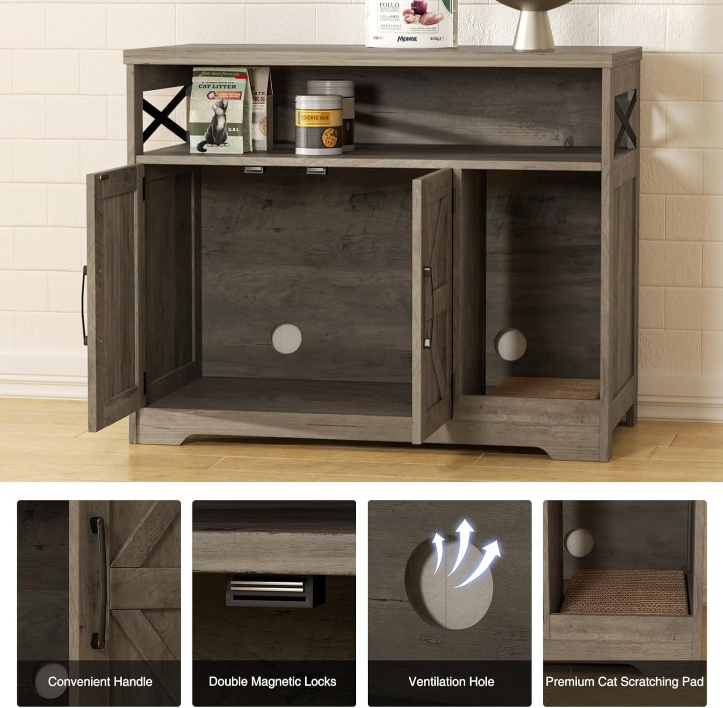 Cat Litter Box Enclosure, Hidden Litter Box Furniture with Scratch Pad, Farmhouse Indoor Cat House Washroom End Table, Grey