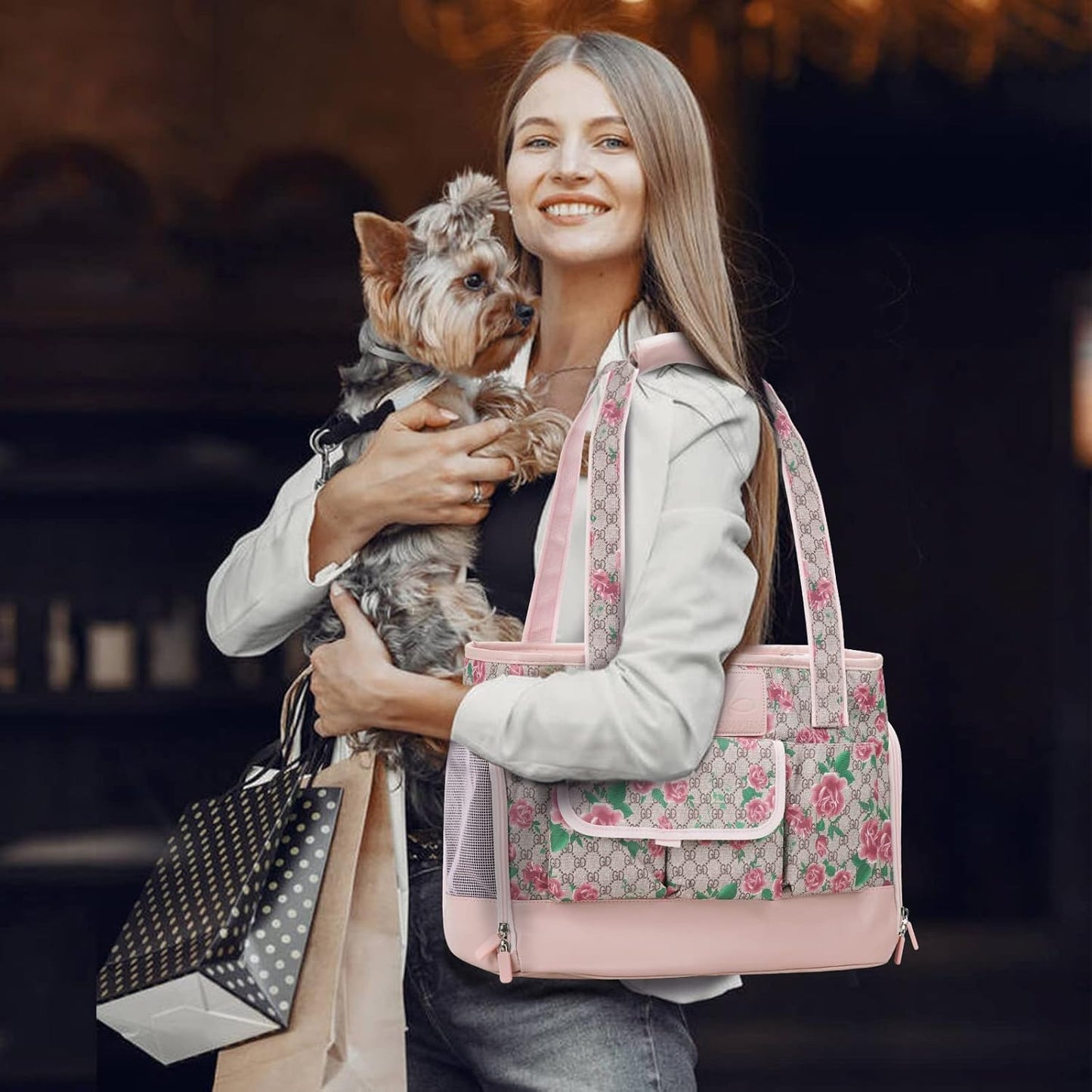 Dog Carrier, Cat Carrier, Pet Carrier, Foldable Waterproof Premium PU Leather Oxford Cloth Dog Purse, Portable Tote Bag Carrier for Small to Medium Cats and Small Dogs (Flower Pattern)