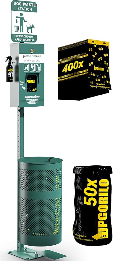 Dog Waste Station with Foot Pedal, 400 Bags, 50 Can Liners, Glow in the Dark Sign, Bag Dispenser, Hand Sanitizer, Outdoor Trash Can