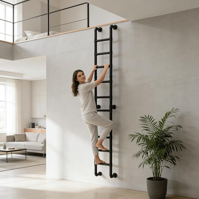 9FT Wall Mounted Ladder Heavy Duty 450lbs Capacity, 9-Step Steel Pipe Fire Escape Ladder for Egress Window & Basement, Industrial Wall/Floor-Mounted Loft
