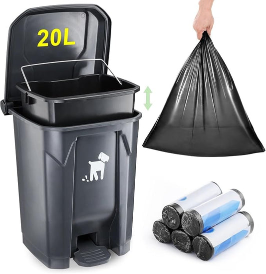 Pet Waste Container - 20L Outdoor Dog Poop Trash Bin with Removable Inner Bin, 150 Waste Bags for Small/Large Dog Families