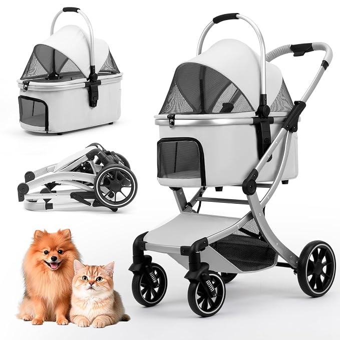 3 in 1 Pet Stroller for Small/Medium Dogs & Cats with Detachable Carrier, Storage Basket and Pet Pad, 4 Wheels Foldable Pet Travel Carrier for Car Seat & Hand Carry, Safe Outings (Grey)