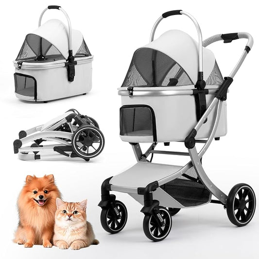 3 in 1 Pet Stroller for Small/Medium Dogs & Cats with Detachable Carrier, Storage Basket and Pet Pad, 4 Wheels Foldable Pet Travel Carrier for Car Seat & Hand Carry, Safe Outings (Grey)