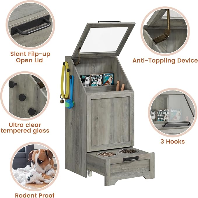 Garvee Dog Feeding Station with 2 Elevated Bowls, Grey | Dog Food Storage Cabinet, Flip Top Pet Feeding Station, Food Storage Container, Pet Toy Organizer
