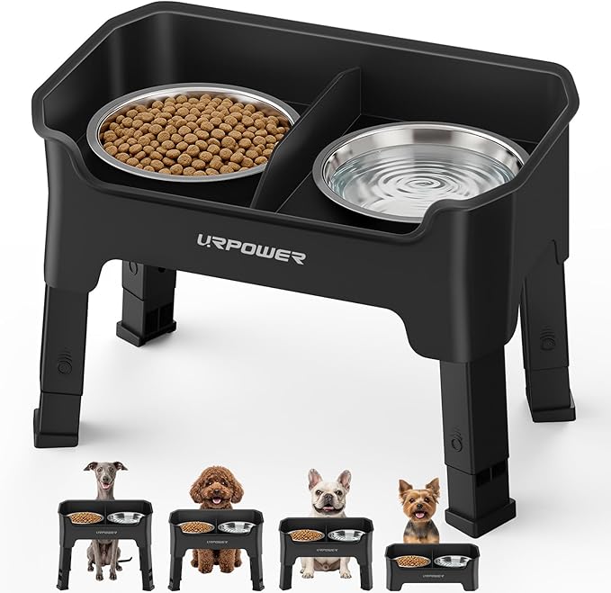 URPOWER Mess Proof Elevated Dog Bowls, Splash Guard Raised Bowl Stand | 4 Adjustable Heights, 2 Stainless Steel Bowls, Food & Water Separation, Non-Slip Base, Foldable Design for Small Dogs