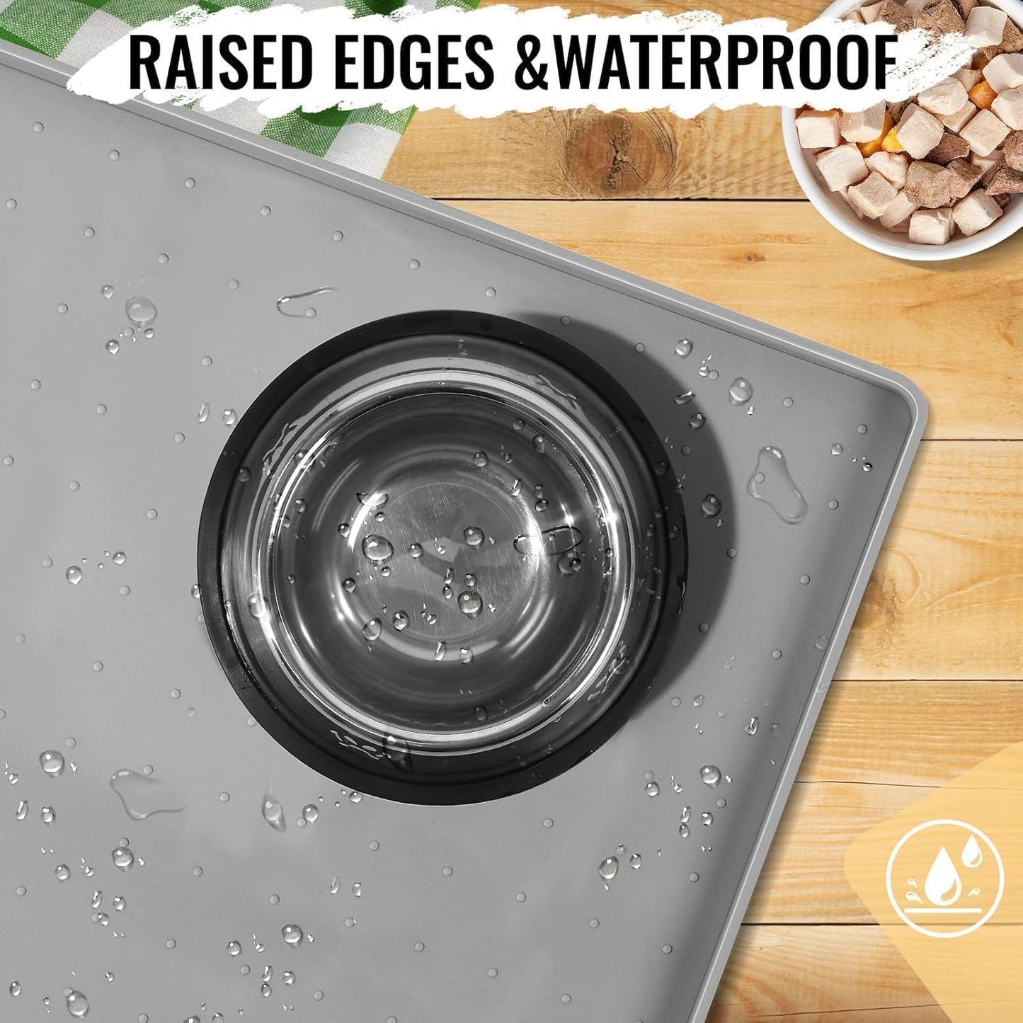 MateeyLife Dog & Cat Food Water Mat for Floors Waterproof, Nonslip Pets Bowl Feeding Mats with Raised Edges, Silicone Matt Tray for Messy Drinkers, 24"x16", Grey